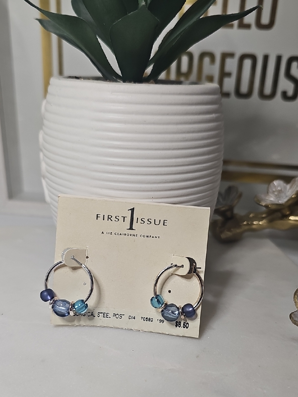 Silver Tone Hoop Earrings with Blue Beads